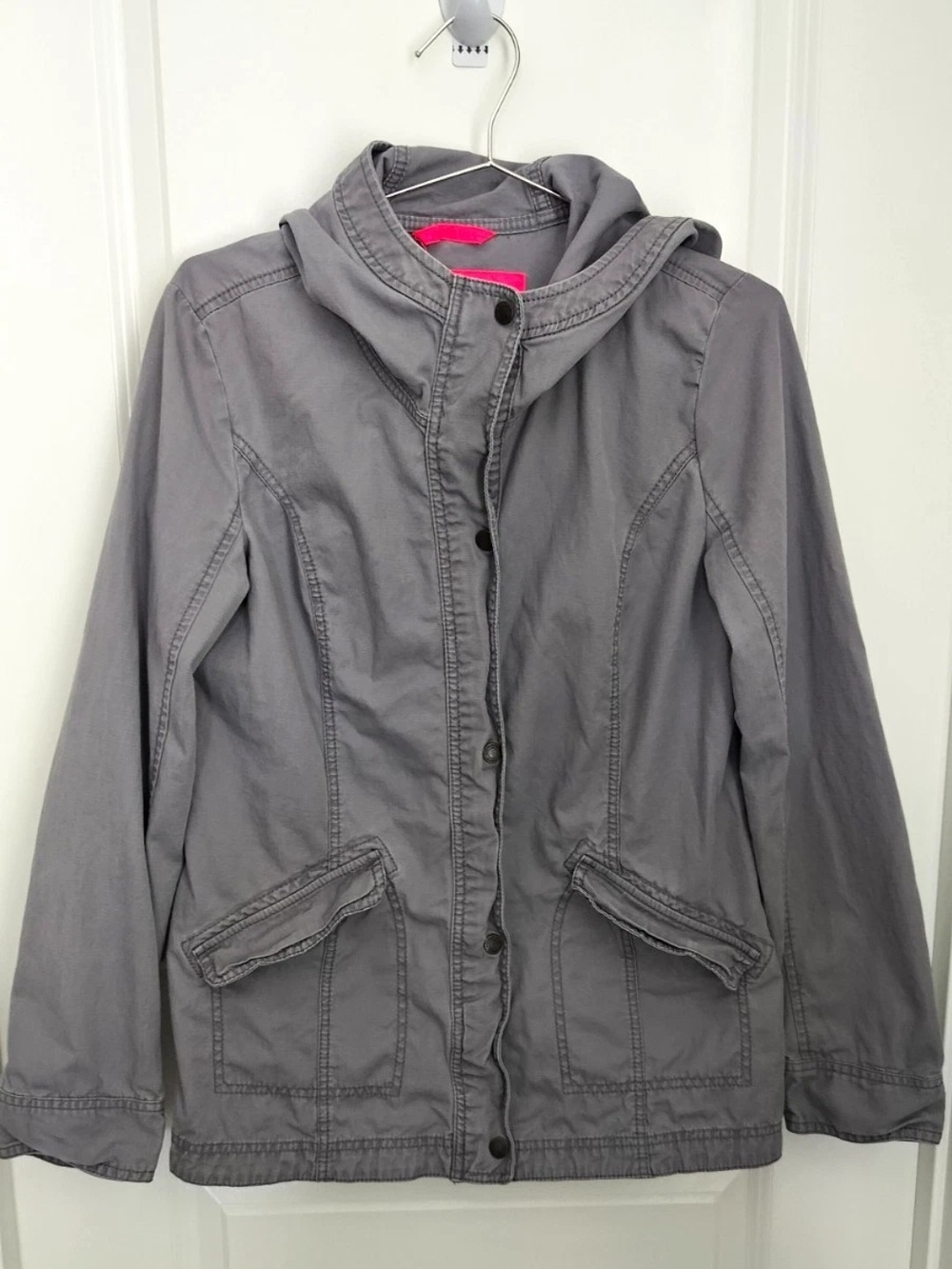 Abercrombie & Fitch Gray Hooded Utility Jacket with Pink Trim